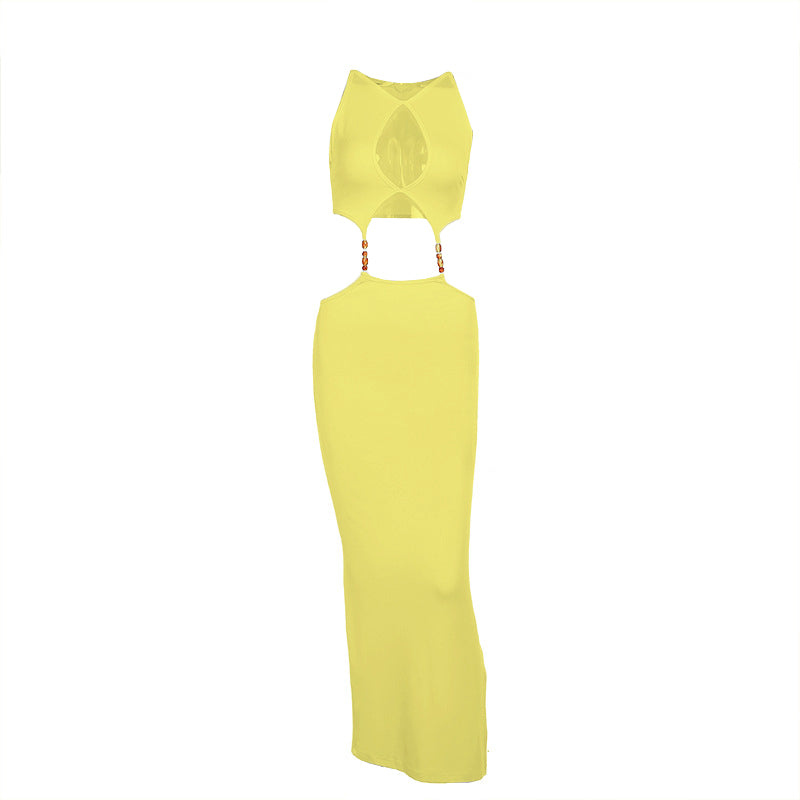 V neck metal applique hollow out maxi dress