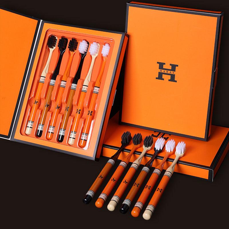 Light luxury gift box 6 sets of high appearance horizontal wide head fine silk soft toothbrush