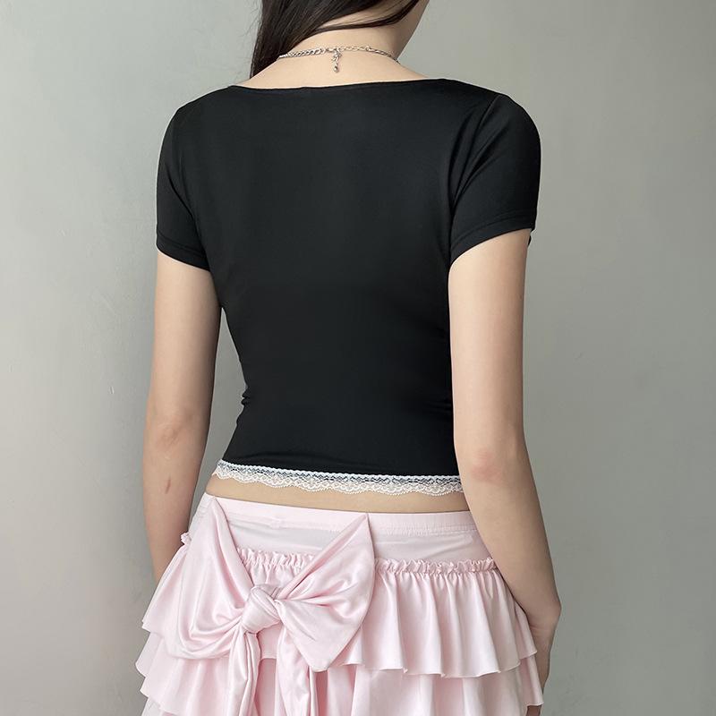 Short sleeve bowknot lace hem top