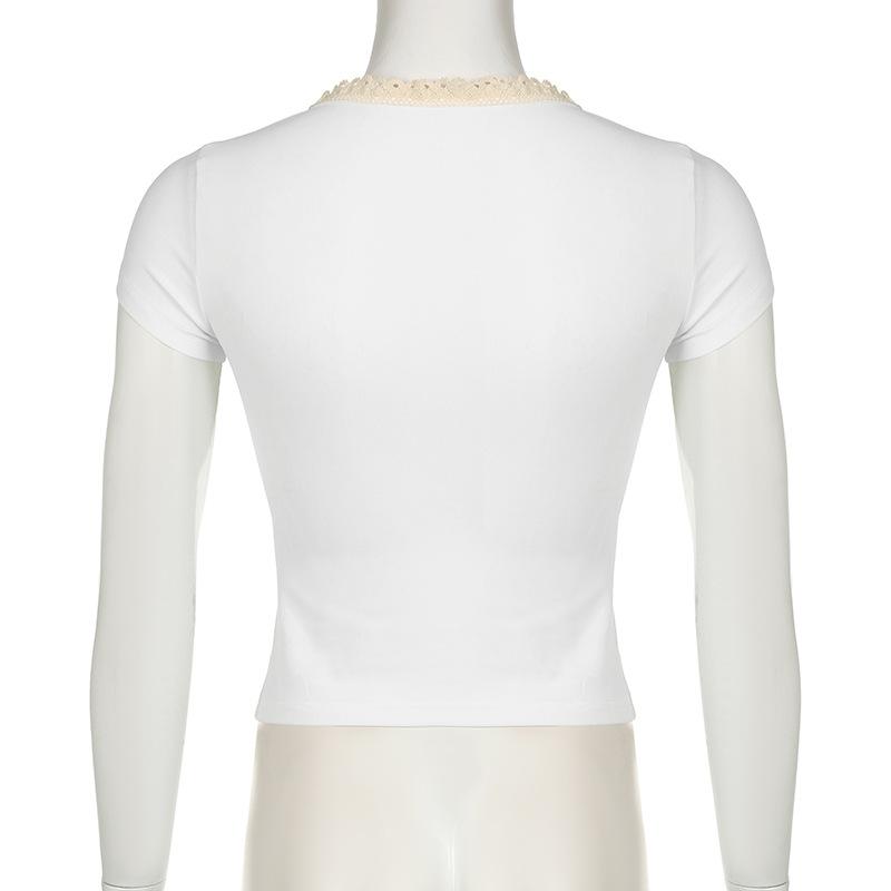 Short sleeve ribbon lace hem bowknot top