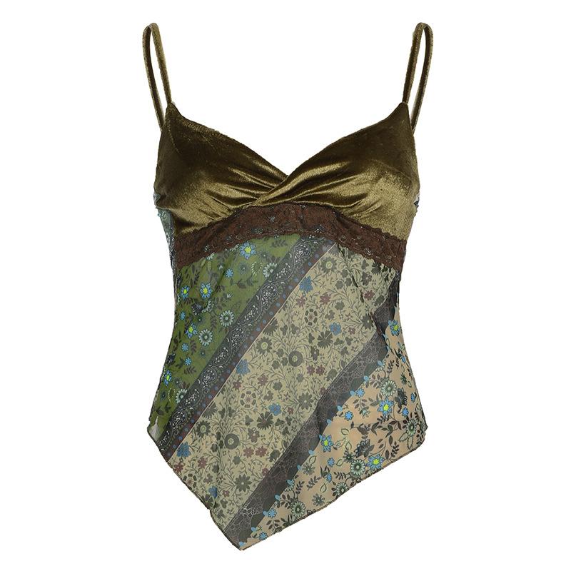 Velvet v neck lace hem print cami top