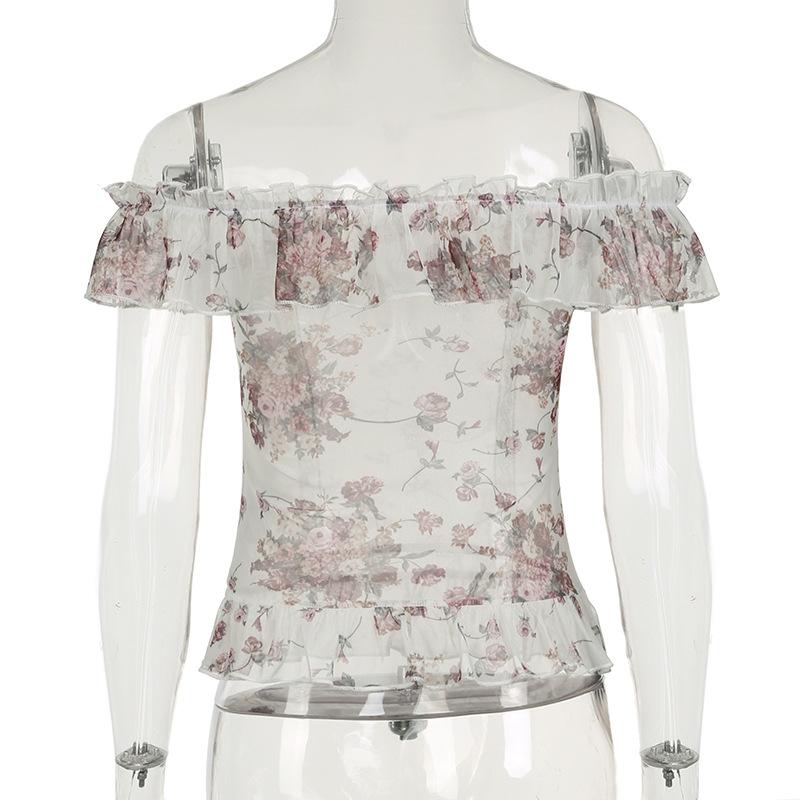 Off shoulder ruffle mesh flower print top