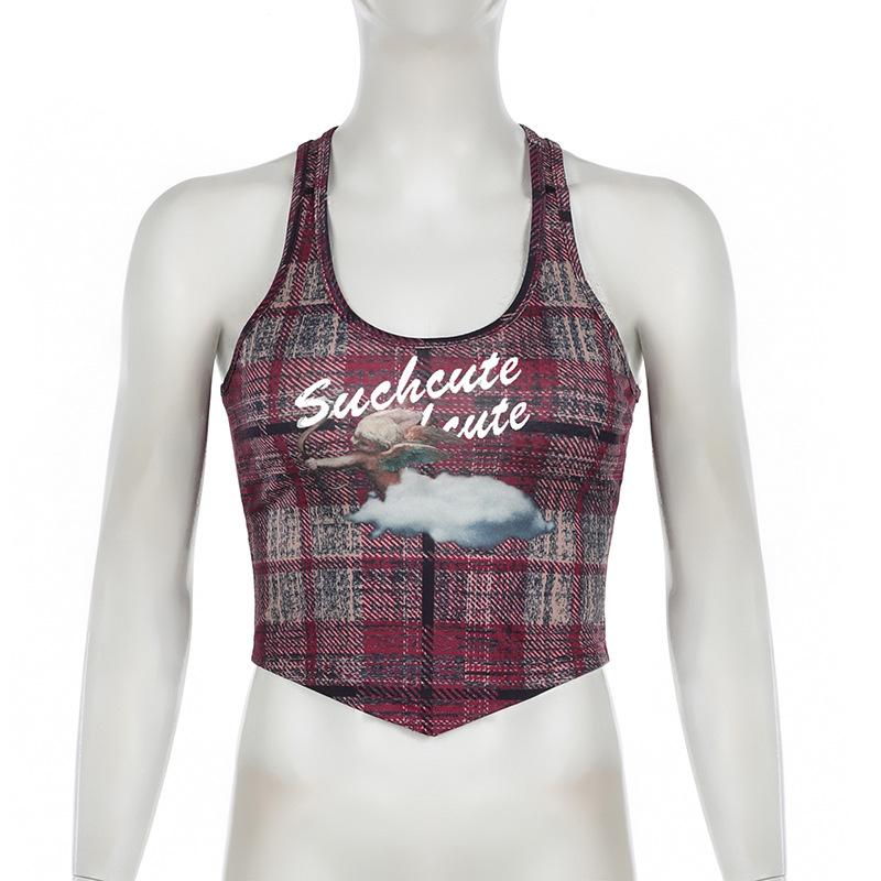 U neck plaid print tank top