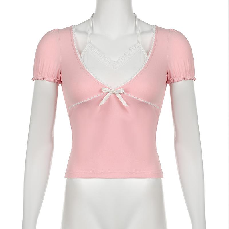 Halter short sleeve bowknot ruffle top