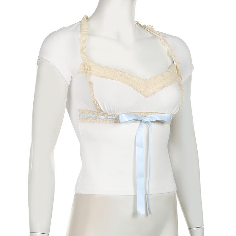 Short sleeve ribbon lace hem bowknot top