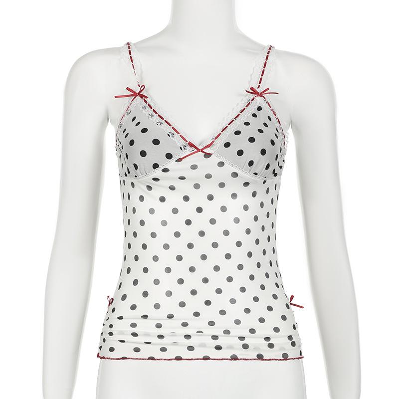 V neck polka dot print mesh bowknot cami top
