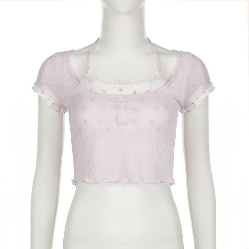 Halter textured print ruffle crop top