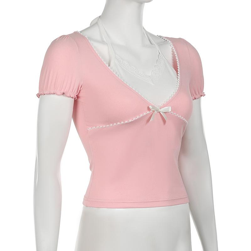 Halter short sleeve bowknot ruffle top