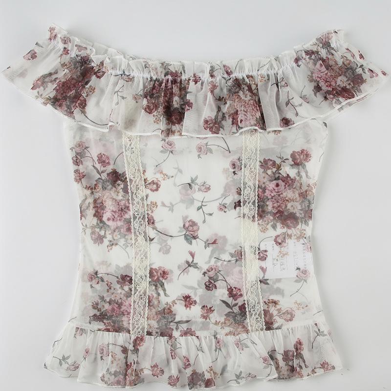 Off shoulder ruffle mesh flower print top