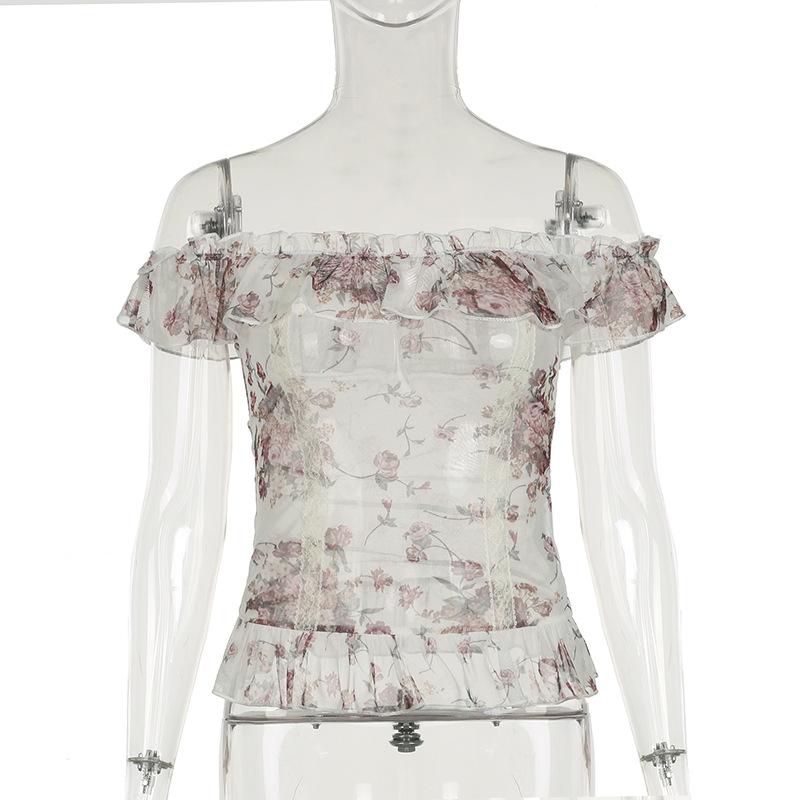 Off shoulder ruffle mesh flower print top