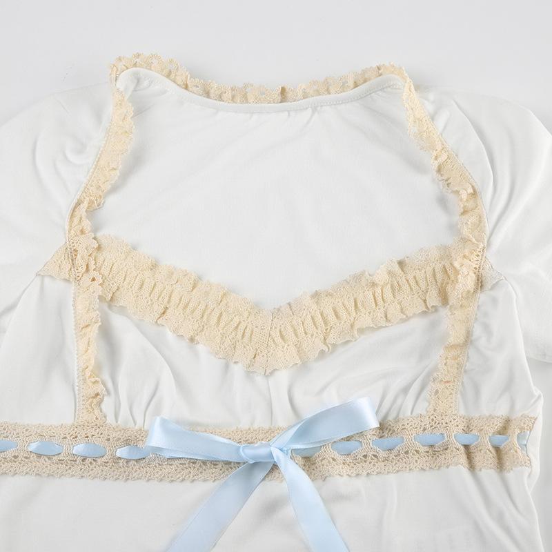 Short sleeve ribbon lace hem bowknot top