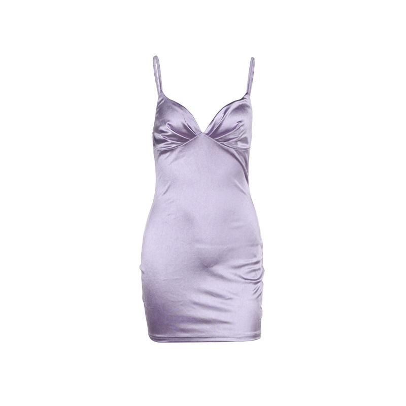 V neck satin ruched solid cami mini dress
