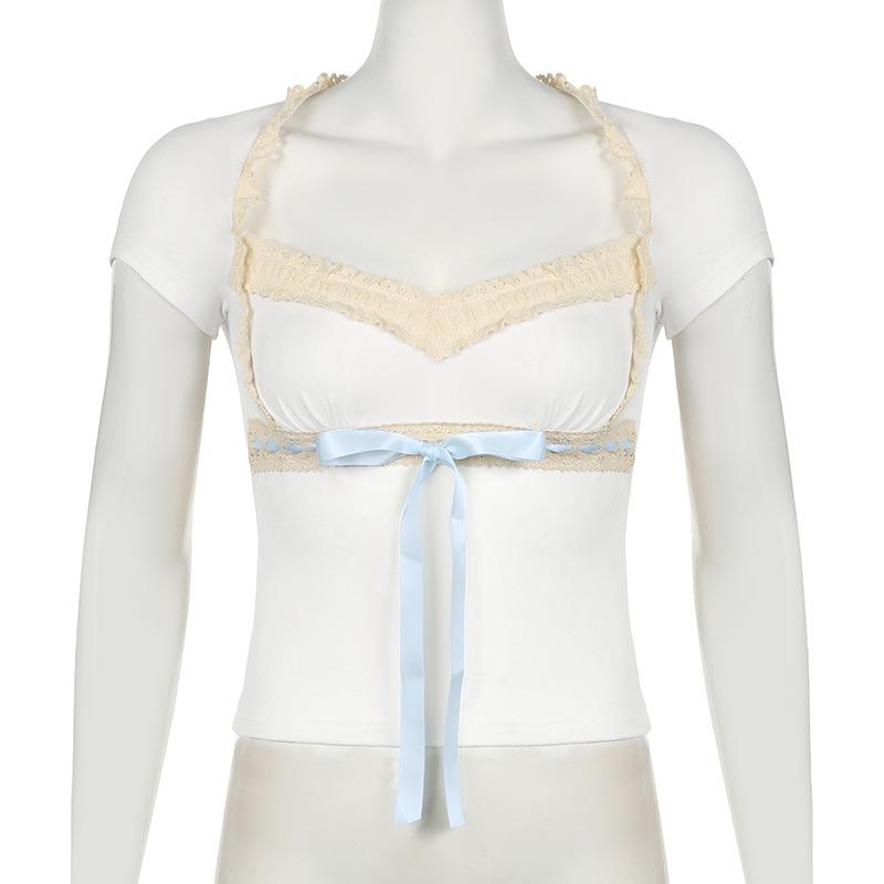 Short sleeve ribbon lace hem bowknot top
