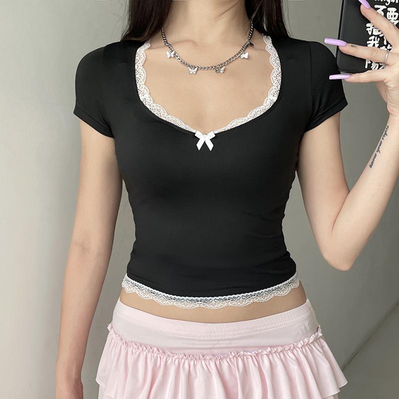 Short sleeve bowknot lace hem top
