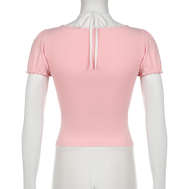 Halter short sleeve bowknot ruffle top