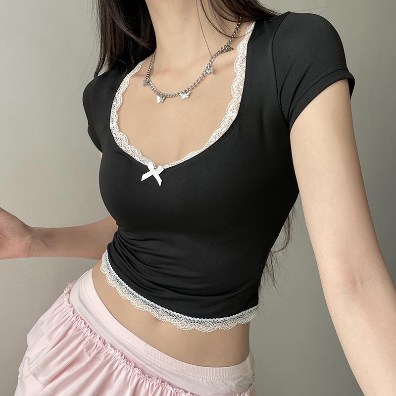 Short sleeve bowknot lace hem top
