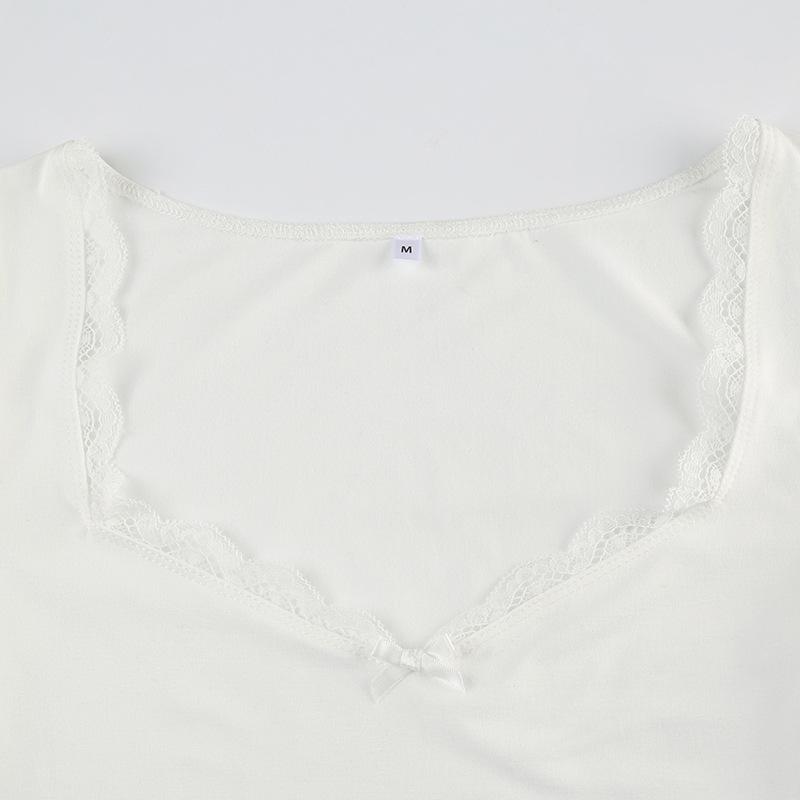Short sleeve bowknot lace hem top