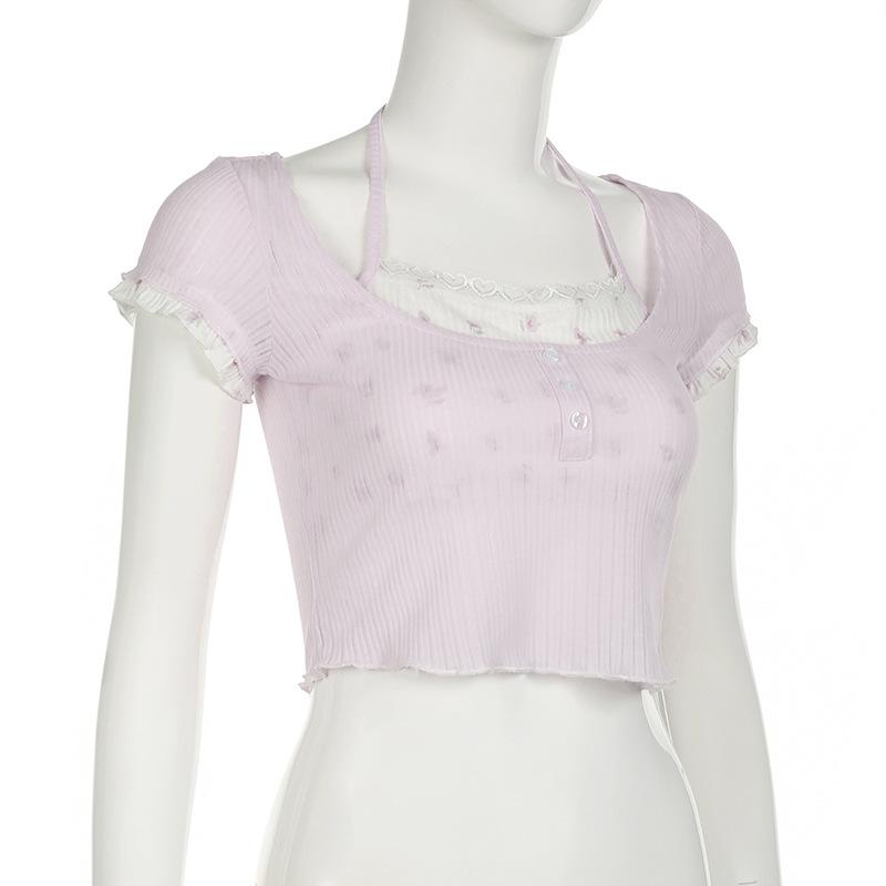 Halter textured print ruffle crop top