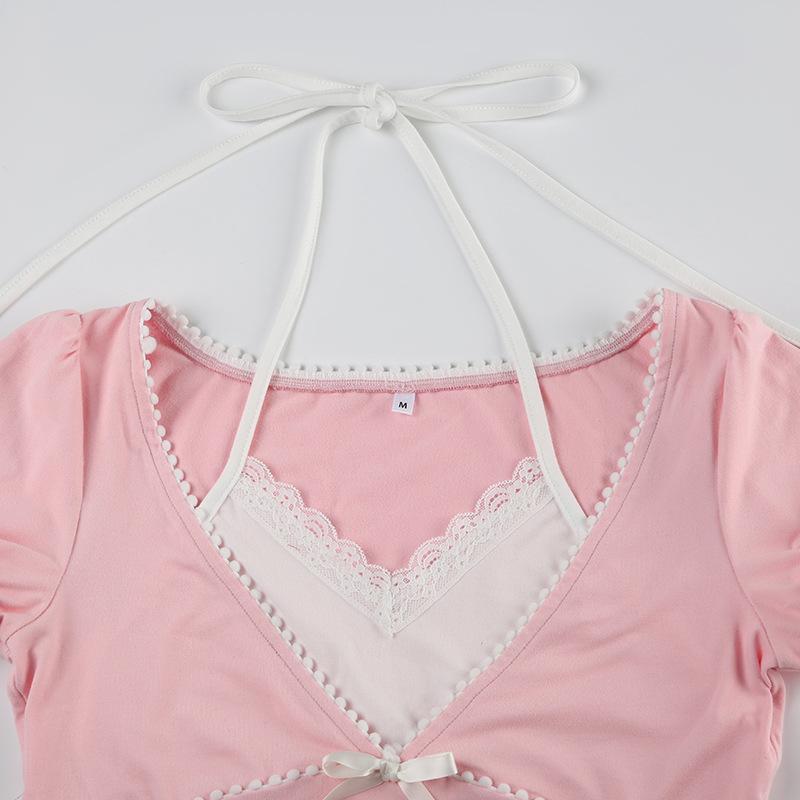 Halter short sleeve bowknot ruffle top