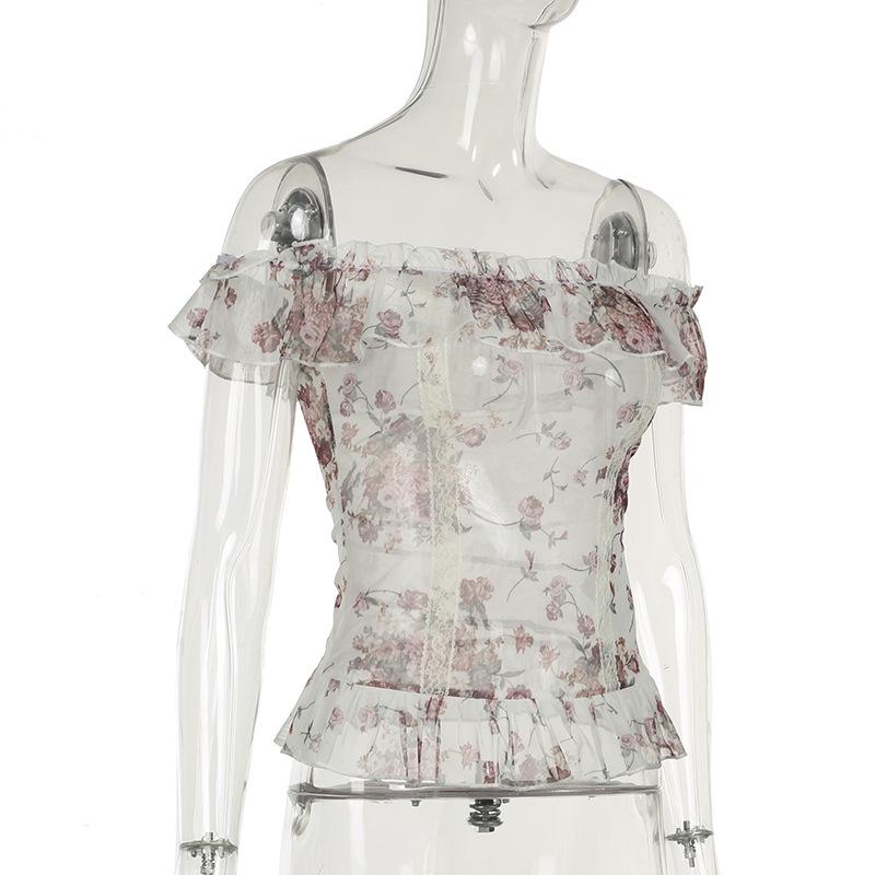 Off shoulder ruffle mesh flower print top