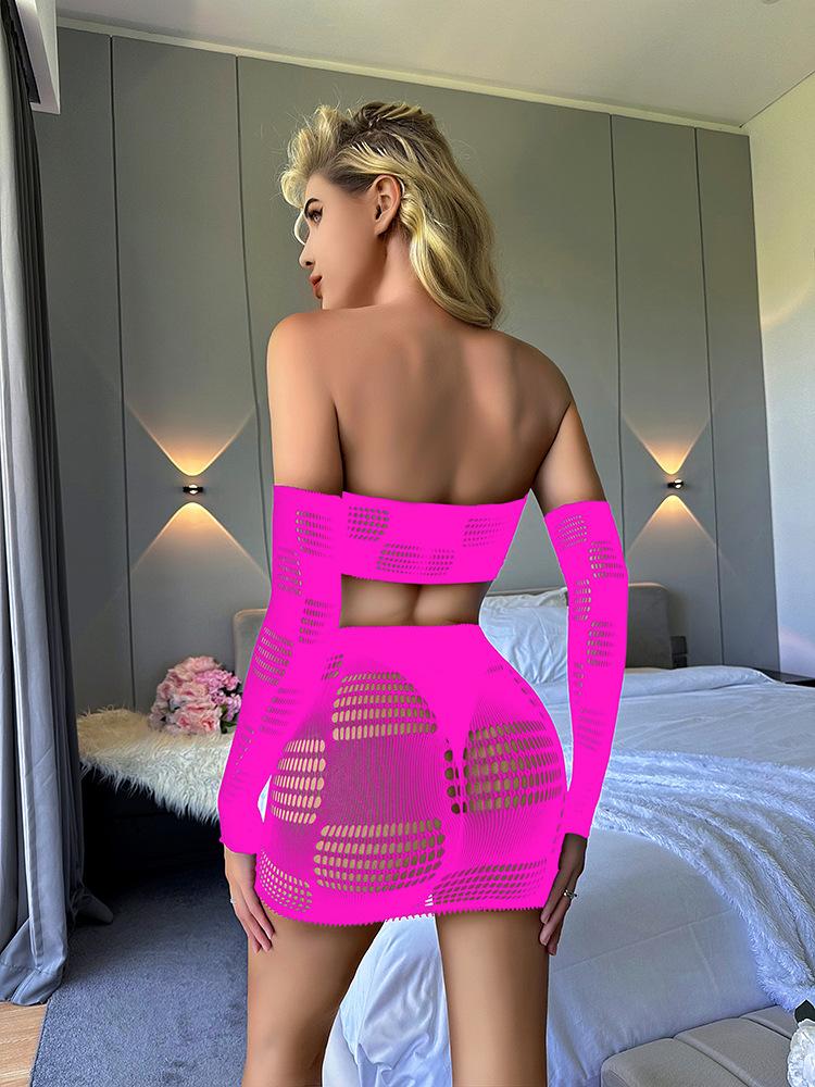 Gloves fishnet patchwork tube mini skirt set