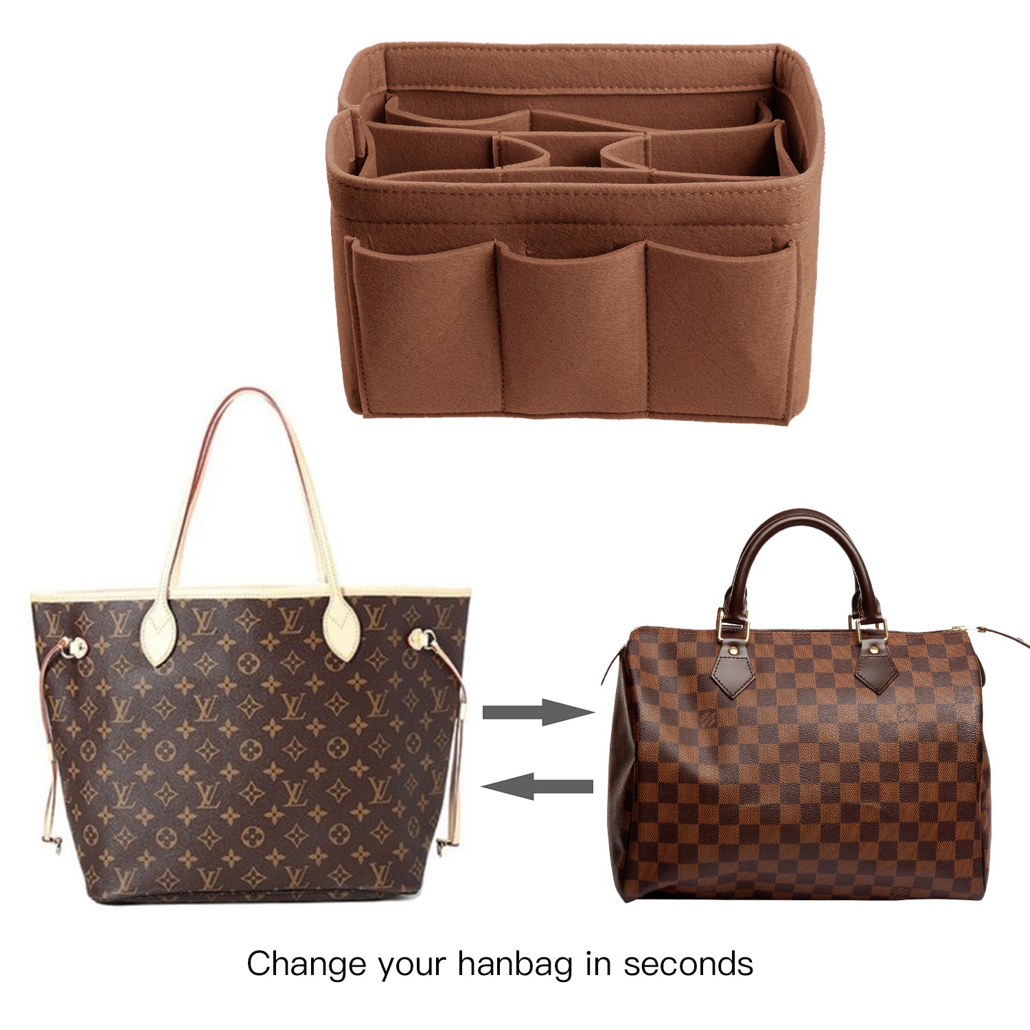 Upgraded Version Purse Bag Organizer with Sewn Bottom Insert for LV Speedy and Neverfull