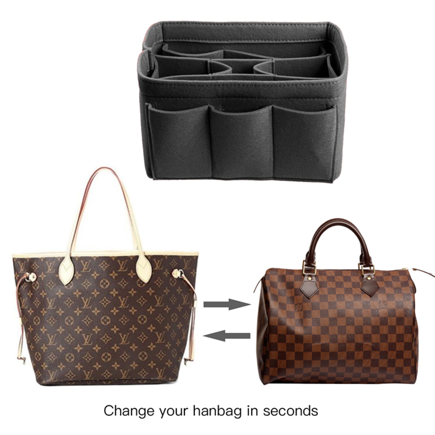 Upgraded Version Purse Bag Organizer with Sewn Bottom Insert for LV Speedy and Neverfull