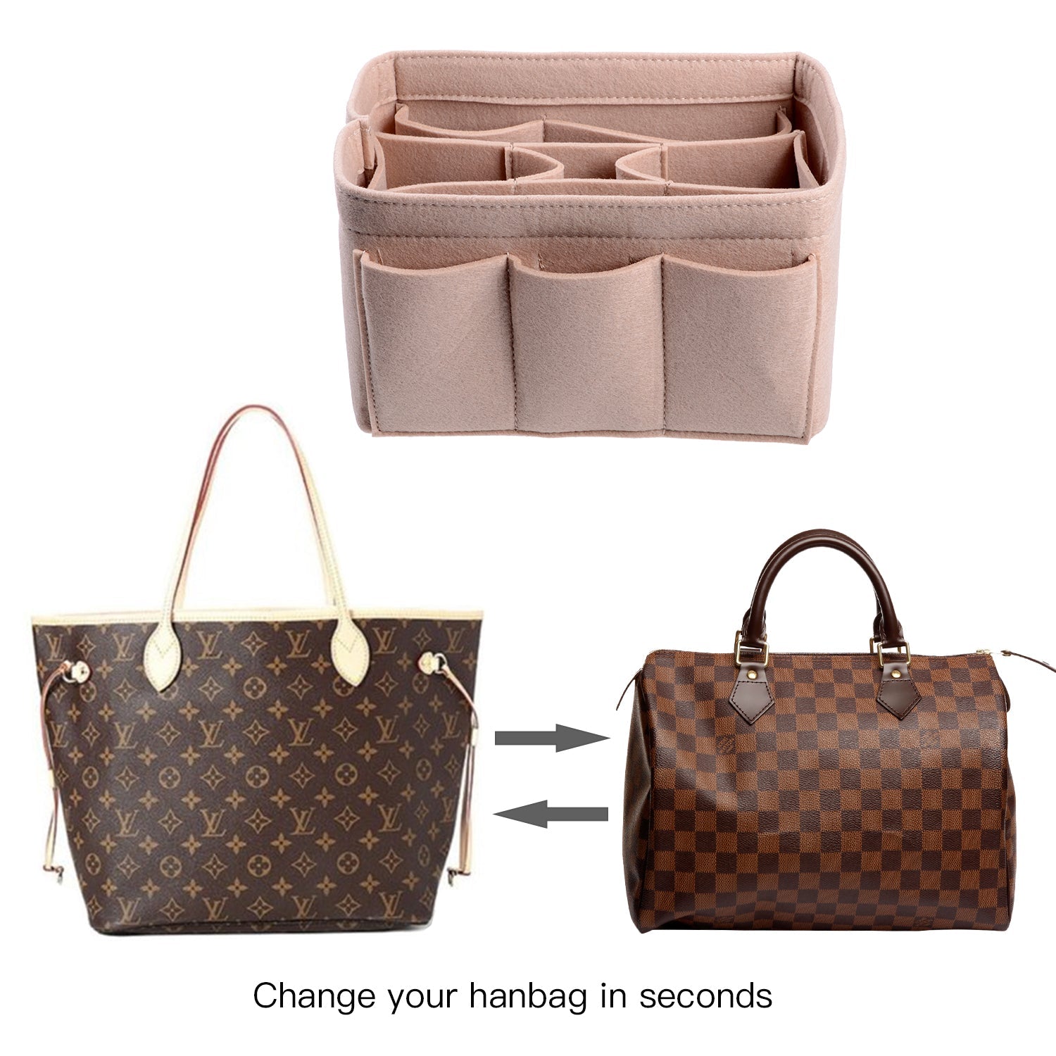 Upgraded Version Purse Bag Organizer with Sewn Bottom Insert for LV Speedy and Neverfull