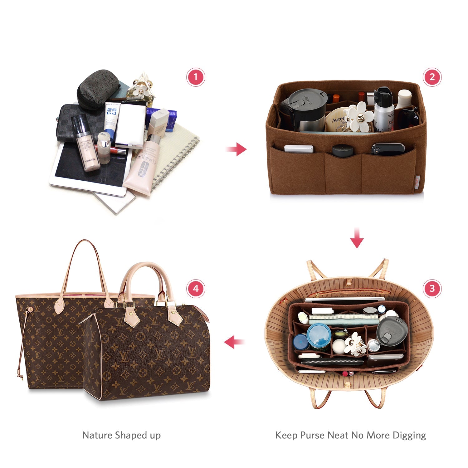 Felt Insert Bag Organizer Perfectly Designed for LV Speedy35, Speedy40, Neverfull MM, and LV Speedy30 - Ideal for Keeping Your Handbag and Purse Organized.