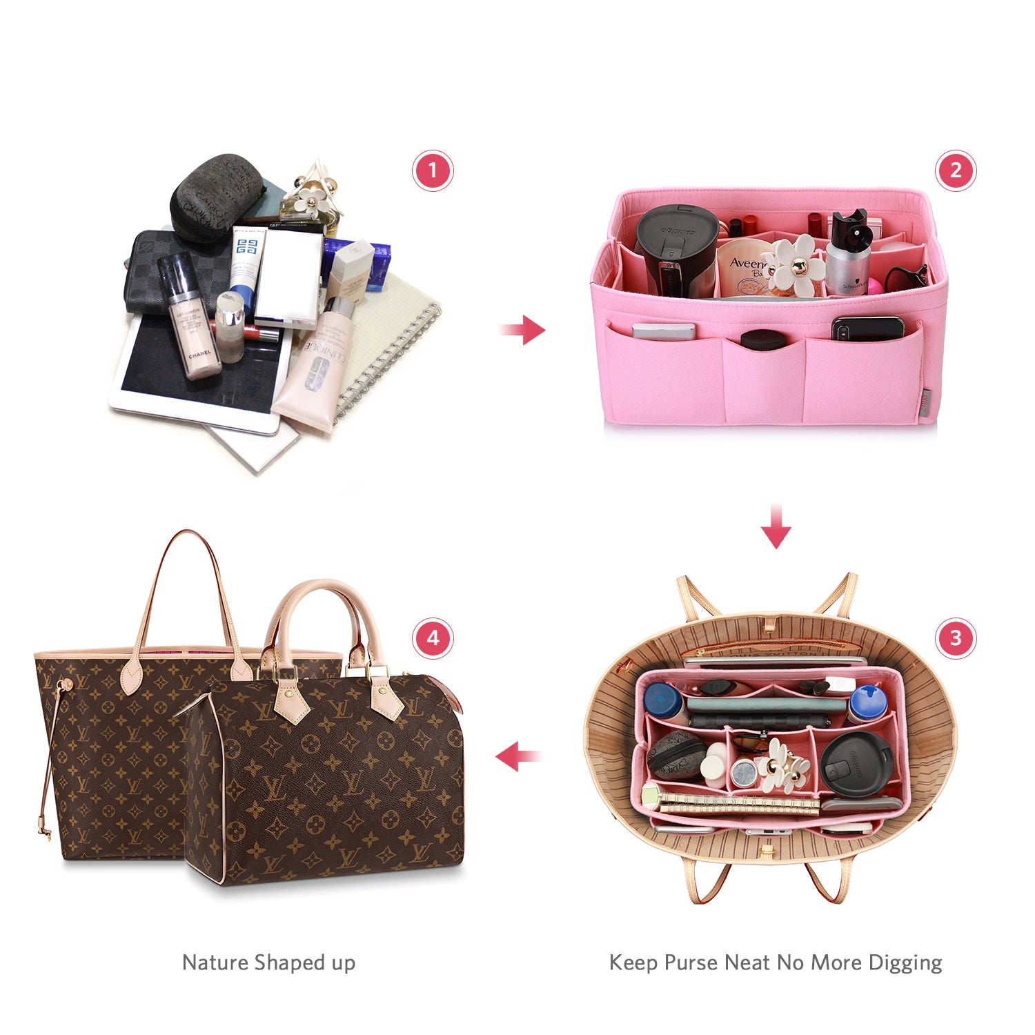 Felt Insert Bag Organizer Perfectly Designed for LV Speedy35, Speedy40, Neverfull MM, and LV Speedy30 - Ideal for Keeping Your Handbag and Purse Organized.
