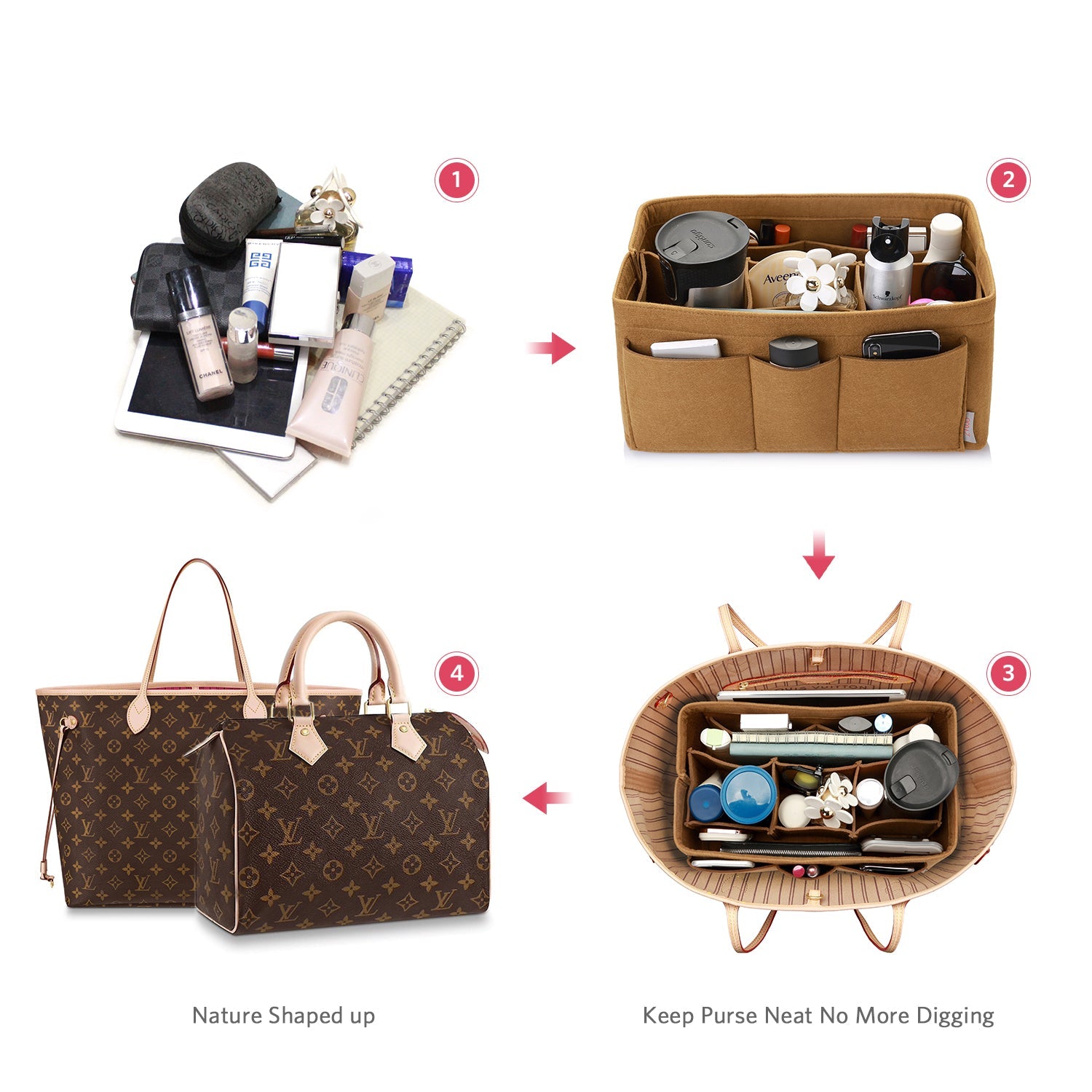 Felt Insert Bag Organizer Perfectly Designed for LV Speedy35, Speedy40, Neverfull MM, and LV Speedy30 - Ideal for Keeping Your Handbag and Purse Organized.