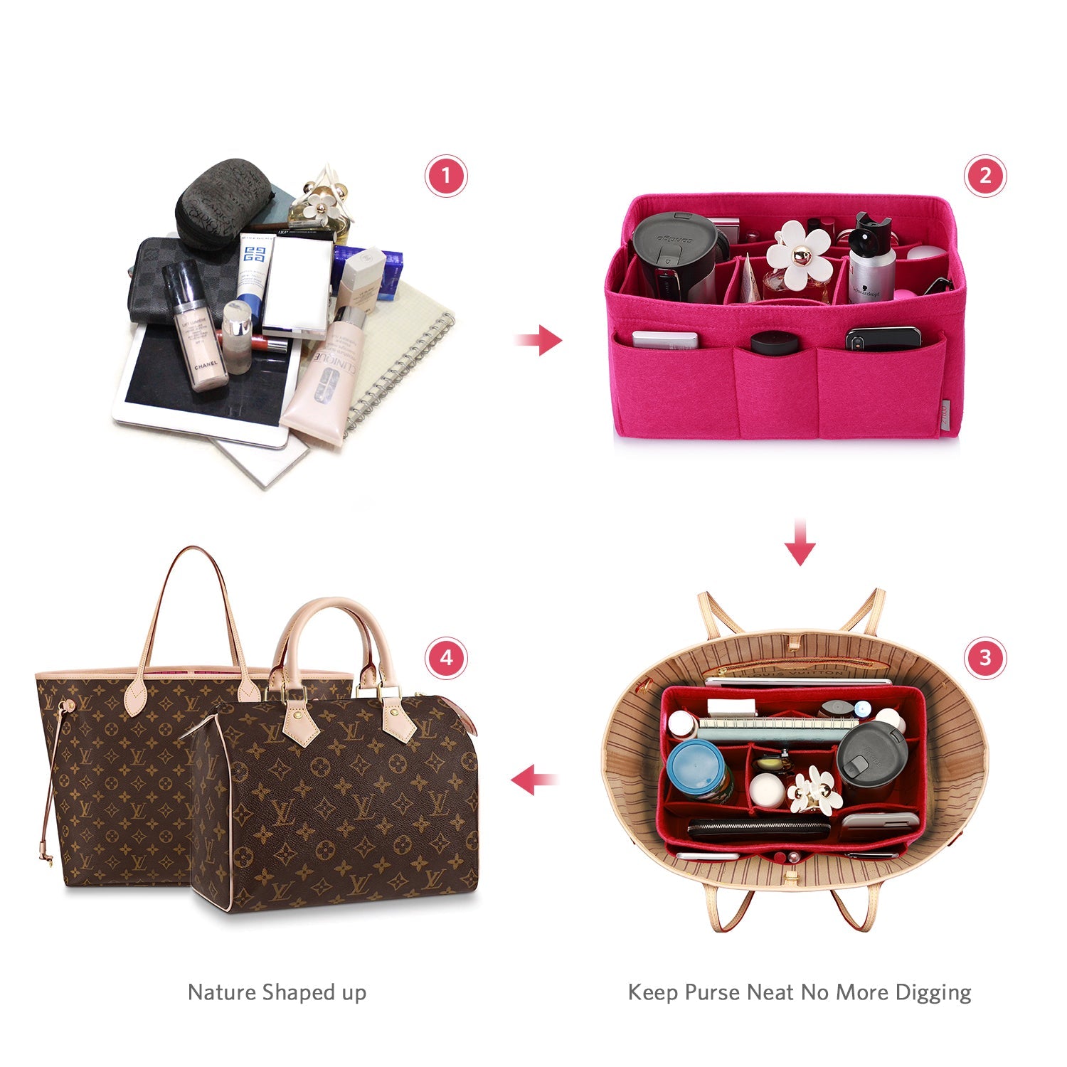 Felt Insert Bag Organizer Perfectly Designed for LV Speedy35, Speedy40, Neverfull MM, and LV Speedy30 - Ideal for Keeping Your Handbag and Purse Organized.