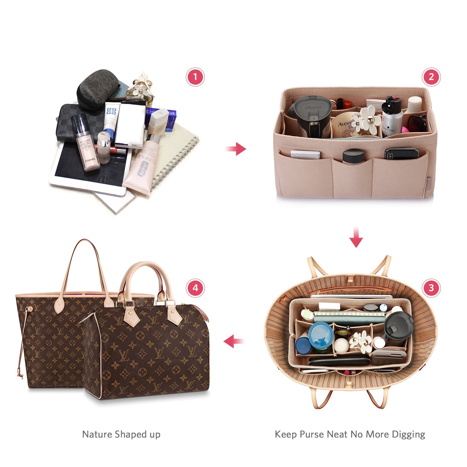 Felt Insert Bag Organizer Perfectly Designed for LV Speedy35, Speedy40, Neverfull MM, and LV Speedy30 - Ideal for Keeping Your Handbag and Purse Organized.