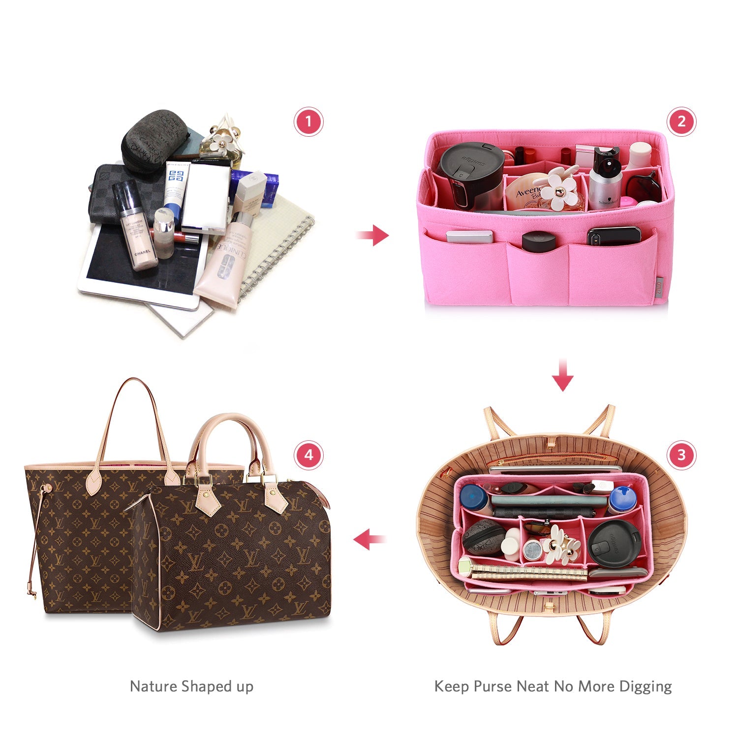 Felt Insert Bag Organizer Perfectly Designed for LV Speedy35, Speedy40, Neverfull MM, and LV Speedy30 - Ideal for Keeping Your Handbag and Purse Organized.