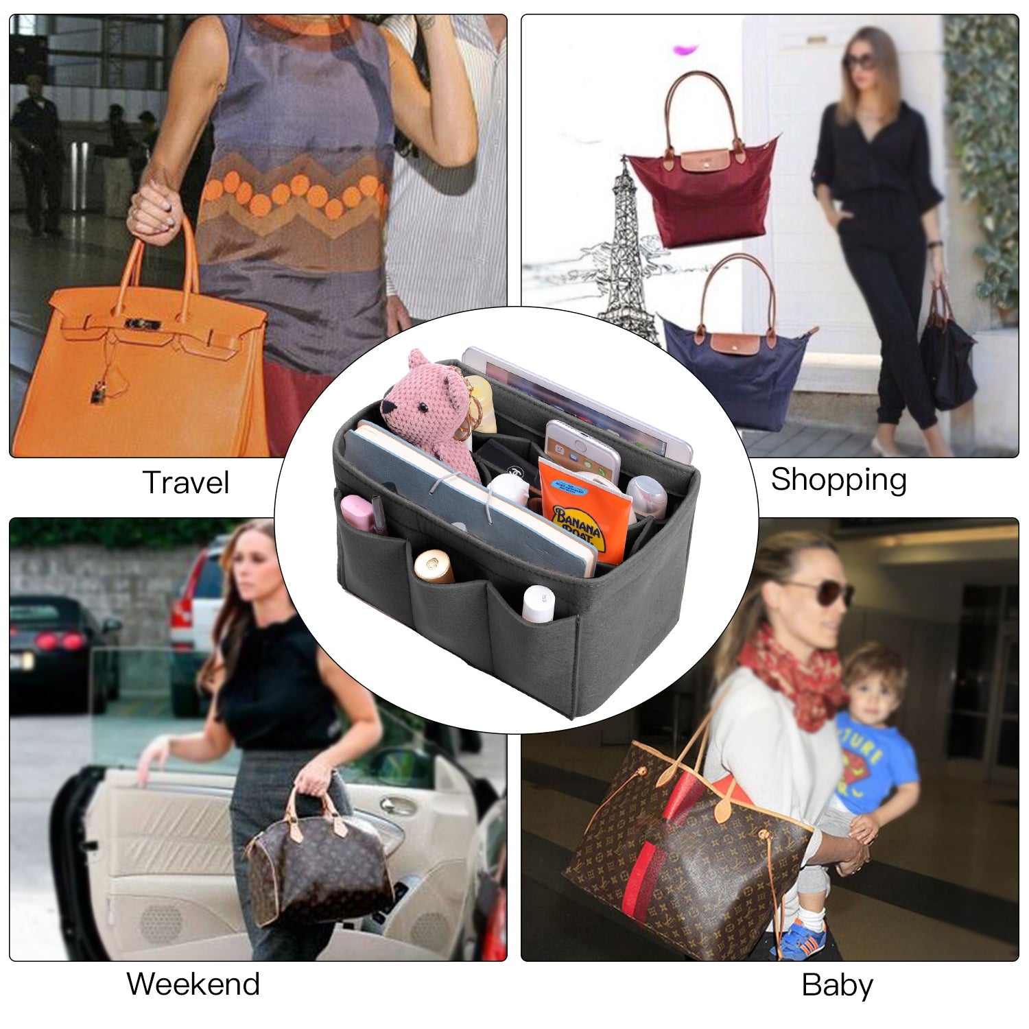 Upgraded Version Purse Bag Organizer with Sewn Bottom Insert for LV Speedy and Neverfull