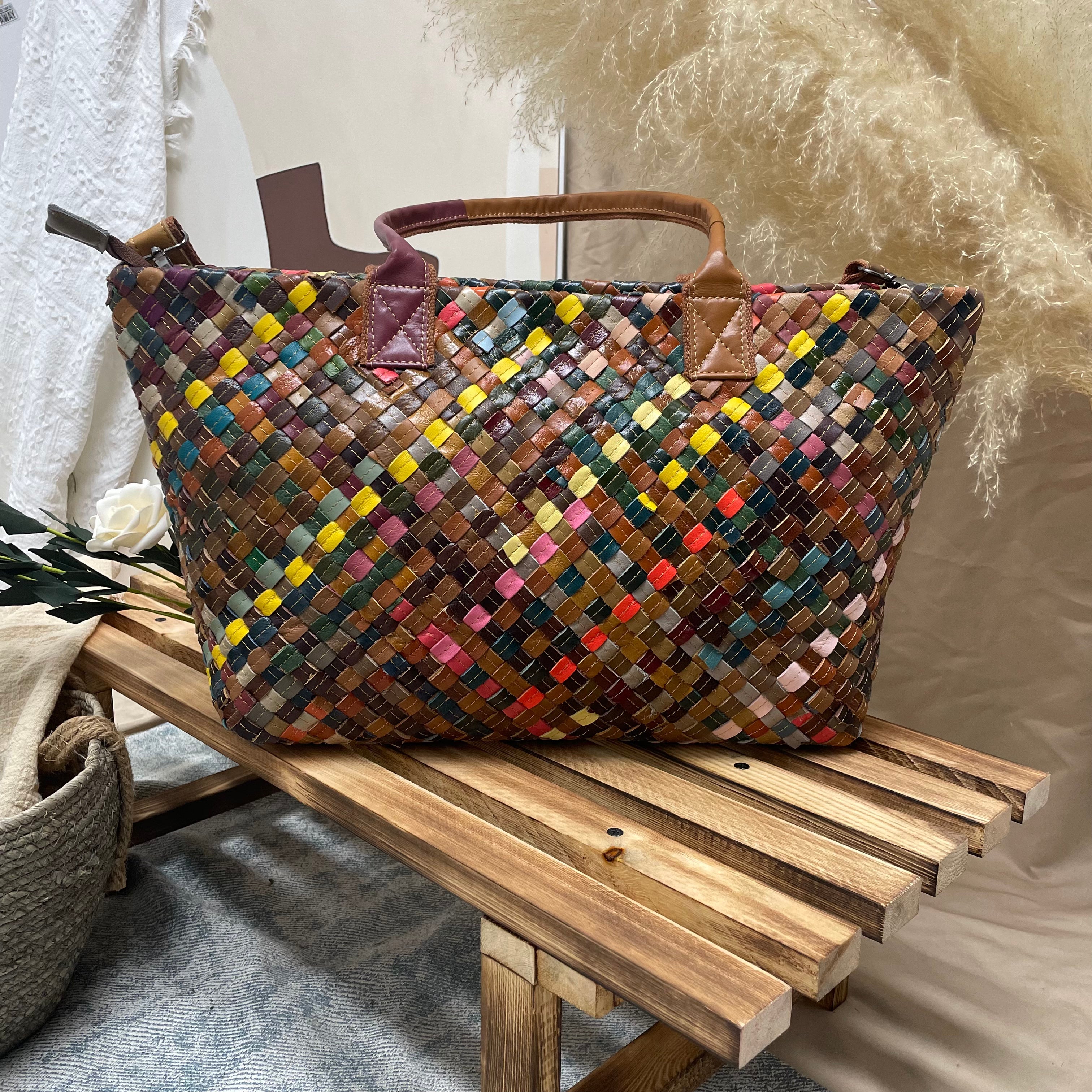 Top Handle Bag, Basket Bag, Gift for Girl/Mother | Large Leather Woven Tote Bag for Women