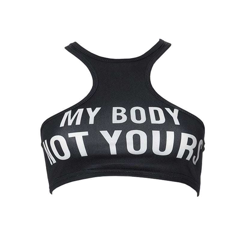 Round neck letter print solid crop tank top