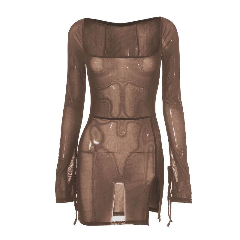 Sheer mesh see through square neck slit long sleeve mini dress