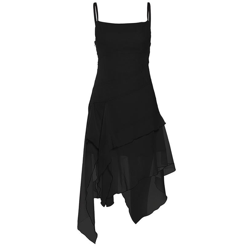 Chiffon solid irregular ruffle backless cami mini dress