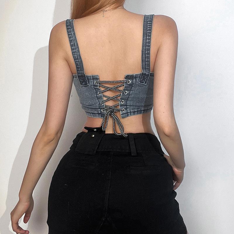 Contrast notch neck raw hem lace up sleeveless denim crop top