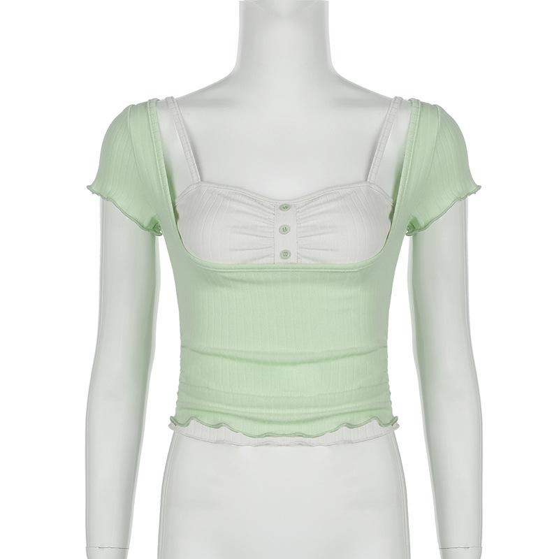Short sleeve patchwork ruched ruffle top