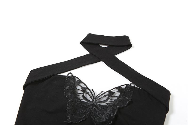 Halter cross front butterfly embroidery crop top