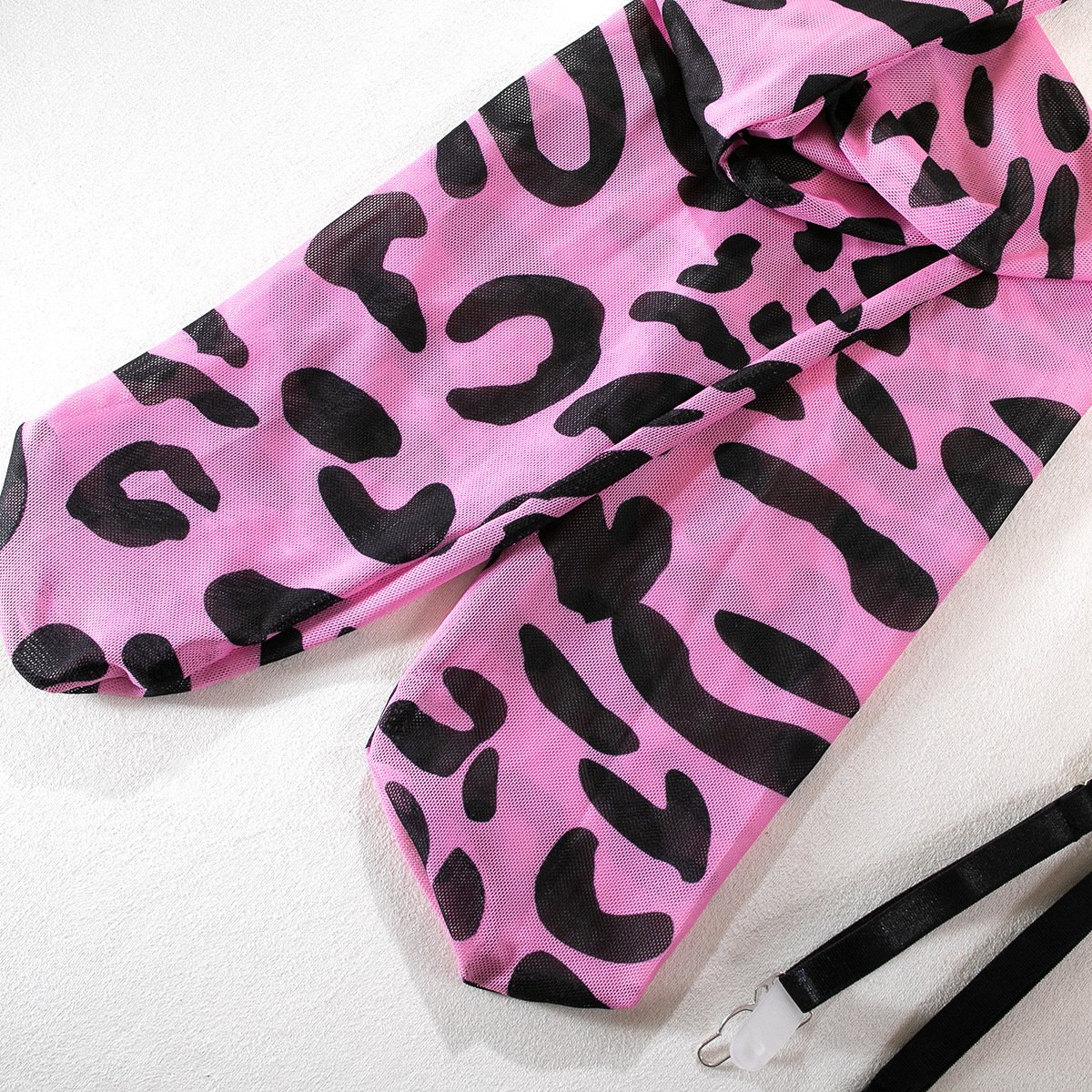 Leopard print gloves sheer mesh garter lingerie set
