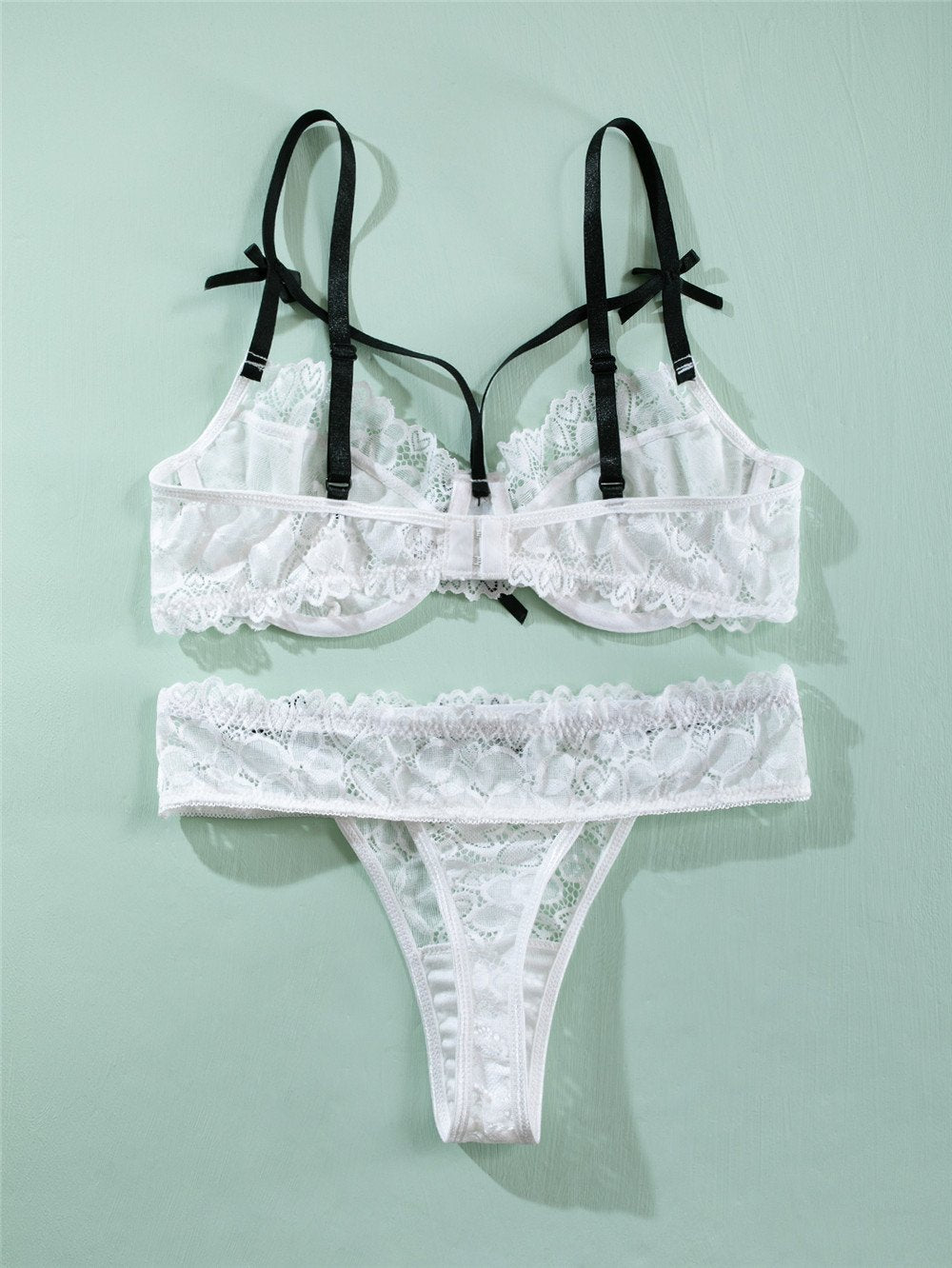 Lace bowknot backless cami lingerie set