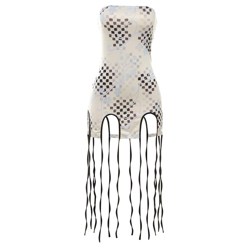 Digital print tassels high slit backless tube mini dress