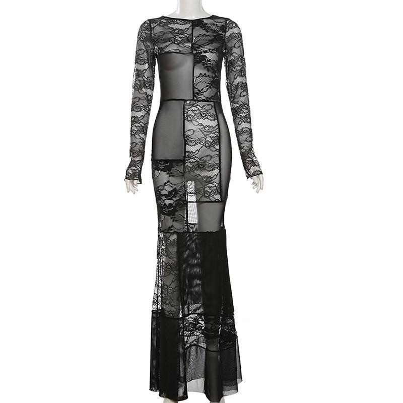 Long sleeve crewneck lace fishnet mesh patchwork maxi dress