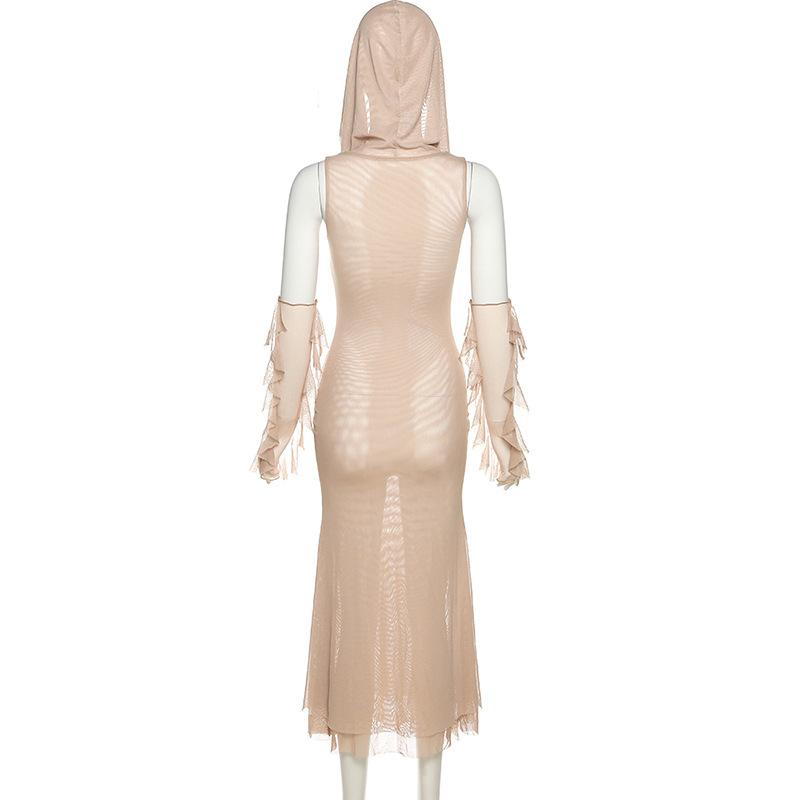 hoodie 2-way off shoulder glove sheer mesh slit maxi dress