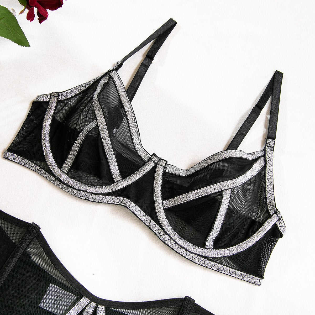 Sheer mesh corset garter cami lingerie set