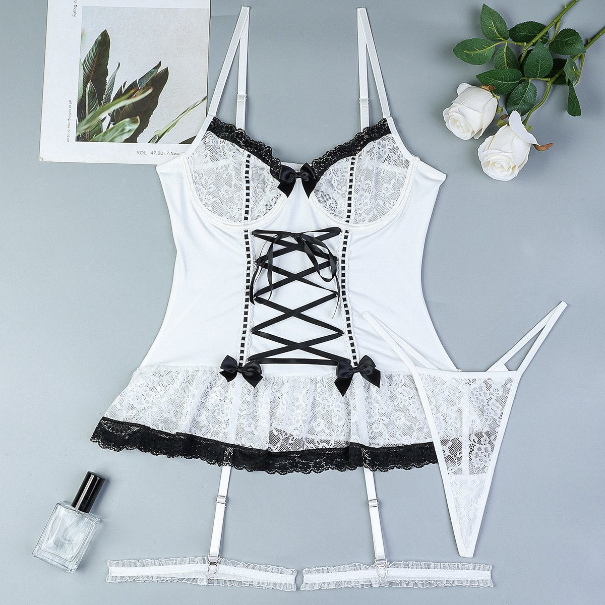 Lace up bowknot lace garter lingerie set