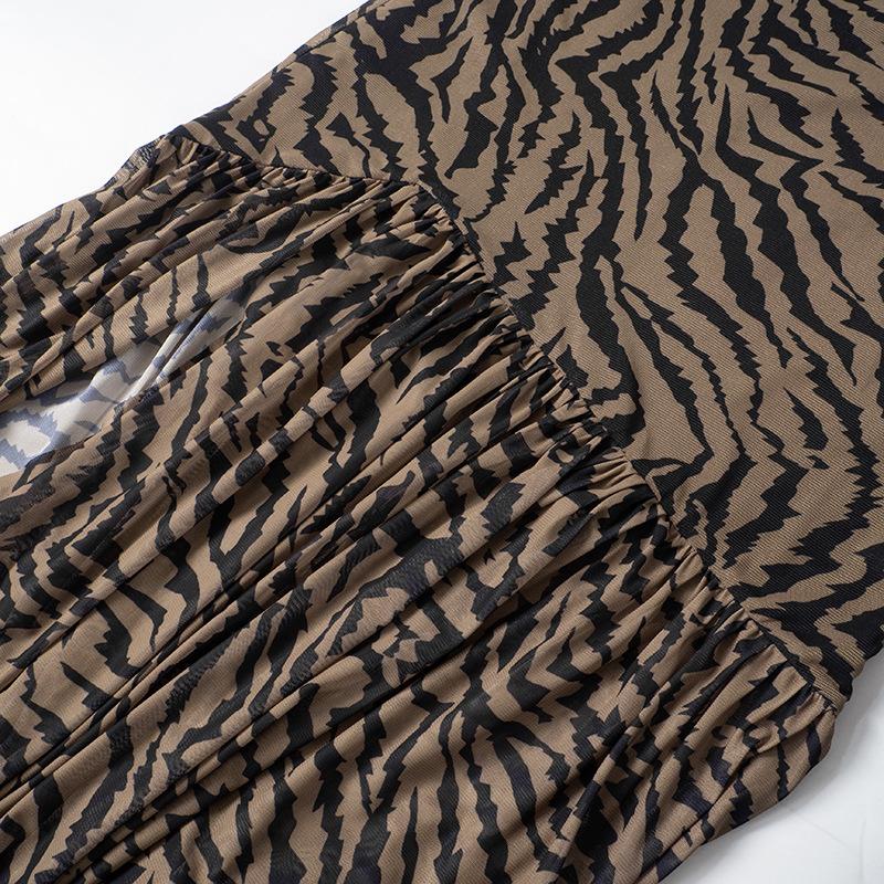 Sheer mesh leopard print slit ruffle tube maxi dress